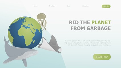 World ocean day. Earth day. Whale, stingray, jellyfish with planet. Template for website, landing page. Flat vector illustration. Take care for nature and cleaning nature from garbage poster concept