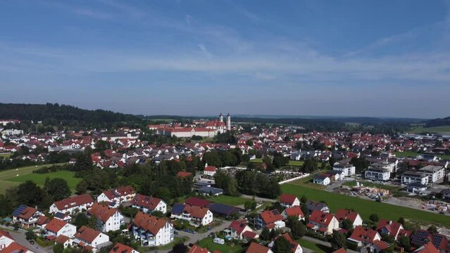 Aerial view of the beautiful Ottobeuren on a sunny day in Germany
