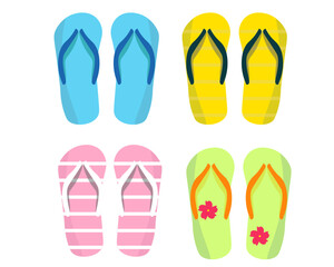 ビーチサンダル 海 花柄、水色、黄色、ピンク、緑、柄、ストライプ　ベクターイラスト