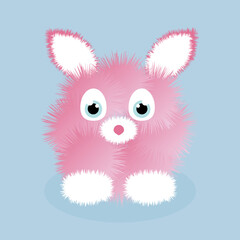Cute furry animal that looks like a hare or rabbit in pink and white colors on a blue background in a gradient fluffy texture