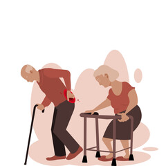 Cartoon old man holding a cane have back pain hunk back with his wife is standing  with a walking chair on brown background.Grandpa and Grandma walking together.Vector flat design of elderly couple