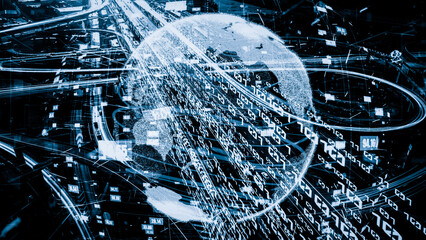 Smart transportation in tacit futuristic city with online traffic control system . Concept of smart digital transformation and technology disruption that changes global trends in new information era .