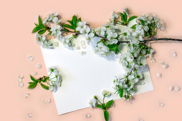 Postcard with cherry blossoms, wedding congratulations. Beautiful flowers