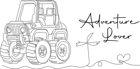 Outline sketch drawing of desert safari jeep with big tyres, Safari Jeep Logo silhouette, Line art illustration of jungle safari jeep