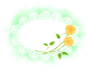 Frame of yellow roses and oval lace drawn in digital watercolor (background light green)