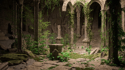 Donkere mysterieuze ruïne van een middeleeuwse fantasietempel begroeid met klimop. 3D illustratie.