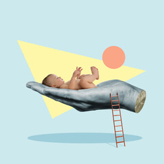 A child on the palm, a metaphor for artificial insemination. Aet collage.