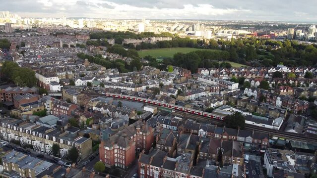 A drone view of a tube train in the Putney area of South London.