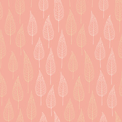 Abstract chokecherry tree leaf vector seamless pattern background. Stylized pink white foliage backdrop. Vertical botanical design. Hand drawn Prunus Canada leaves repeat for packaging for baby shower