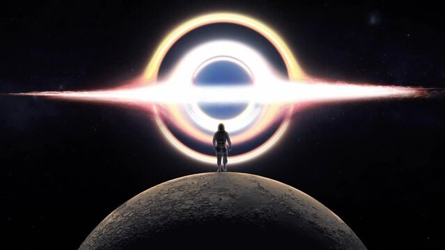 3D render of a brave astronaut walking on the moon with a glowing supermassive black hole in front
