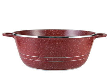 modern aluminum large saucepan with a red coating, on a white background