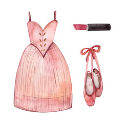 Ballerina set, Watercolor composition,Pointe shoes,Lipstick, Ballet dress, Key, Pink bow,	