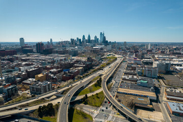 Aerial Drone View of Philadelphia on a Clear Sunny Day with Highway in Foreground