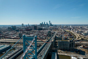 Aerial Drone View of Philadelphia on a Clear Sunny Day with Bridge in Foreground