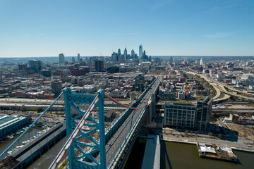 Aerial Drone View of Philadelphia on a Clear Sunny Day with Bridge in Foreground