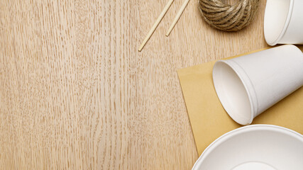 Eco friendly concept, Food container set and paper cup made from plant fiber on wooden background