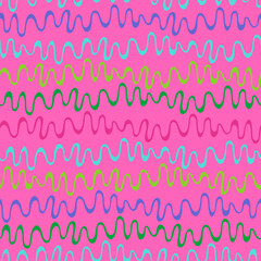 Seamless repeating pattern with hand drawn futuristic abstract bright curved and rounded shapes Y2K bug style, for surface design and other design projects