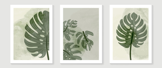 Vintage style foliage wall art template. Collection of hand drawn leaves vector with green watercolor texture, monstera, line art. Botanical posters for wall decoration, interior, wallpaper, banner. © TWINS DESIGN STUDIO