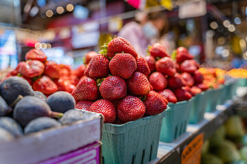 Selective focus shot of giant strawberries at a public market at the Granville Island in Vancouver