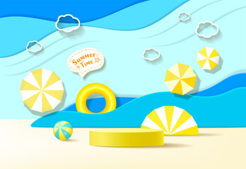 Vector summer time Holiday background. beach ball, modern minimalist mock up, Design template for podium display or showcase.