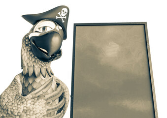 parrot pirate is beside the sandwich board close up