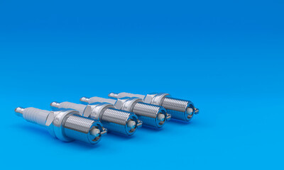 3d illustration, metal spark plug for cars, blue background, copy space, 3d rendering