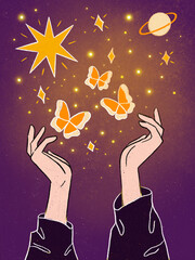 Beautiful hands, butterflies, starry sky, Saturn. Hand drawn illustration