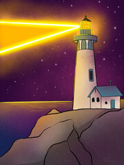 Lighthouse, sea, night starry sky. Northern landscape, hand drawn illustration