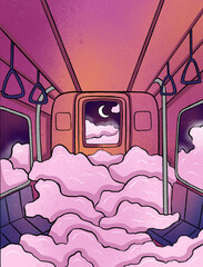 Salon of the subway car, night, moon, pink clouds in the subway car, a beautiful dream. Hand drawn illustration