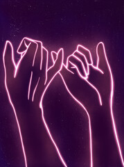 Beautiful neon hands, starry night sky. Hand drawn illustration, friendship and love concept - 503162364