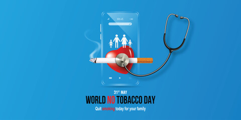 World No Tobacco Day. heart with cigarette and stethoscope and a picture of a family that wants you to quit smoking on your smartphone screen. - obrazy, fototapety, plakaty