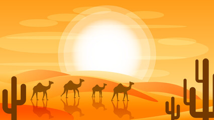 Abstract Desert Background Summer With Sun, Sand, Camels, Cactus Vector Design Style Nature Landscape