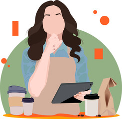 Coffee Business Concept-Female barista making coffee and serving a paper cup of hot coffee in cafe. Hand drawn in thin line style, vector illustrations. Vector illustration