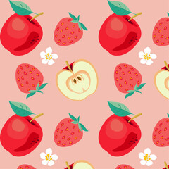 set of seamless patterns with strawberry strawberries apples and leaves