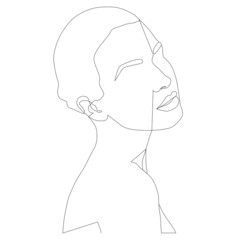 The woman's face draws a single line on a white isolated background. Vector illustration. A woman's face. Portrait of minimalism. Boho.