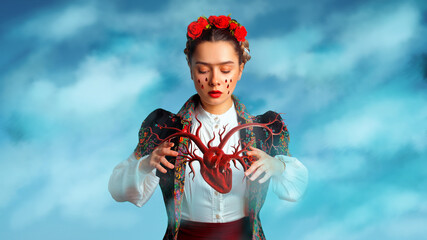A young woman in the image of Frida supports her heart. Heart and soul of a creative person, a young woman