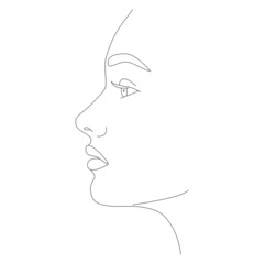 Abstract Art Of A Woman's Face Line. Elegant Portrait Of A Woman With Her Eyes Closed. A Hand-Drawn Outline Of A Woman. The face is one line. A woman's face. Portrait of minimalism.