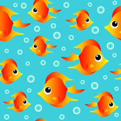 Bright colorful golden cartoon fish on blue background seamless pattern. Vector illustration.