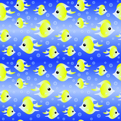 Yellow cartoon fish on bright  blue background seamless pattern. Vector illustration.