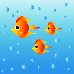 Bright colorful cartoon goldfish with bubbles on blue background. Vector illustration.
