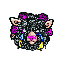 Cartoon print for t-shirt design, graphic colorful image of crying lamb in patriotic ukrainian colors, concept of peace, stop war in ukraine