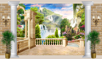 Interior. A wall with columns. Terrace with a view of the mountain waterfall. Photo wallpapers. Digital wallpaper.