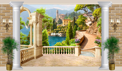 Beautiful view of the sea coast. A city by the sea. The fresco. Photo wallpapers. Digital wallpaper.