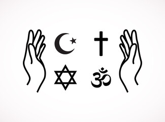 The main religious symbols (Islam, Christianity, Judaism and Hinduism). Hands folded in prayer line icon.