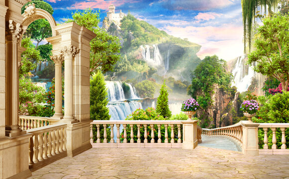 Cascade of waterfalls. A terrace overlooking a beautiful landscape. Frescoes. Photo wallpapers.