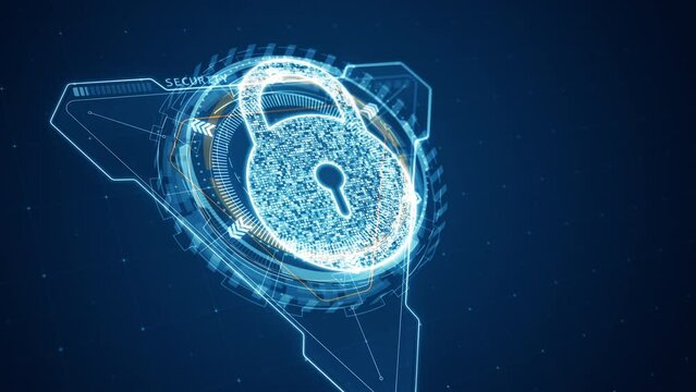 Motion graphic of Blue Security key with 3D triangle and 3D circle rotation with head up display ( HUD UI ) technology interface and futuristic elements abstract background