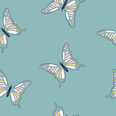 Beautiful background with butterflies on a turquoise background. Seamless pattern in Liberty style