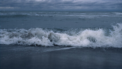 Storm waves splash beach landscape background. Ocean water crashing in nature.