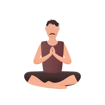 The guy sits in the lotus position. Isolated. Cartoon style.