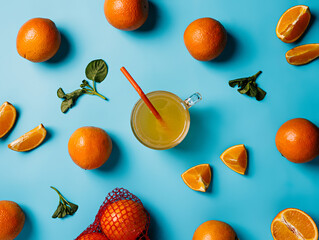 Fruit pattern with fresh oranges, slices and glass of refreshing drink on vivid blue background....